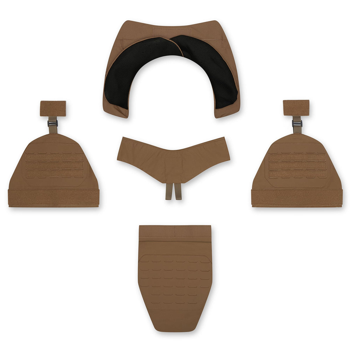 PGD FRAG IIIA Groin Add-on, Coyote Brown, shown with the other FRAG add-ons