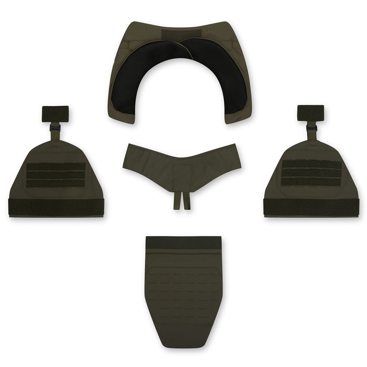 PGD FRAG IIIA Groin Add-on, Ranger Green, shown with the other FRAG add-ons